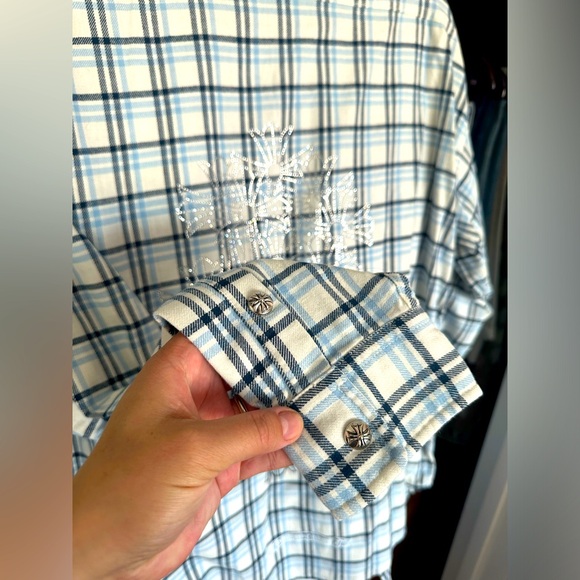 Chrome Hearts Flannel Plaid Shirt Unisex Size Medium Oversized Light Blue Navy - Picture 4 of 16
